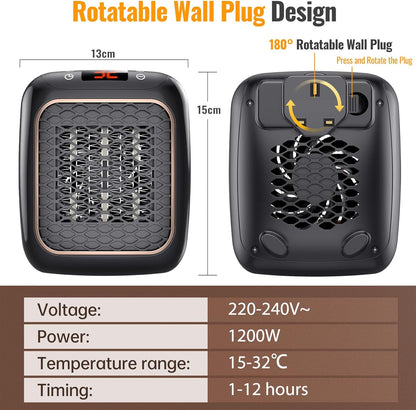 Plug in Heater, 1200W Fan Heaters for Home 2 Mode PTC Ceramic Heaters 1-12H Timer Overheating Protection w Remote Control Electric Heater Energy Efficient BS Plug for Bedroom Office Kitchen Bathroom