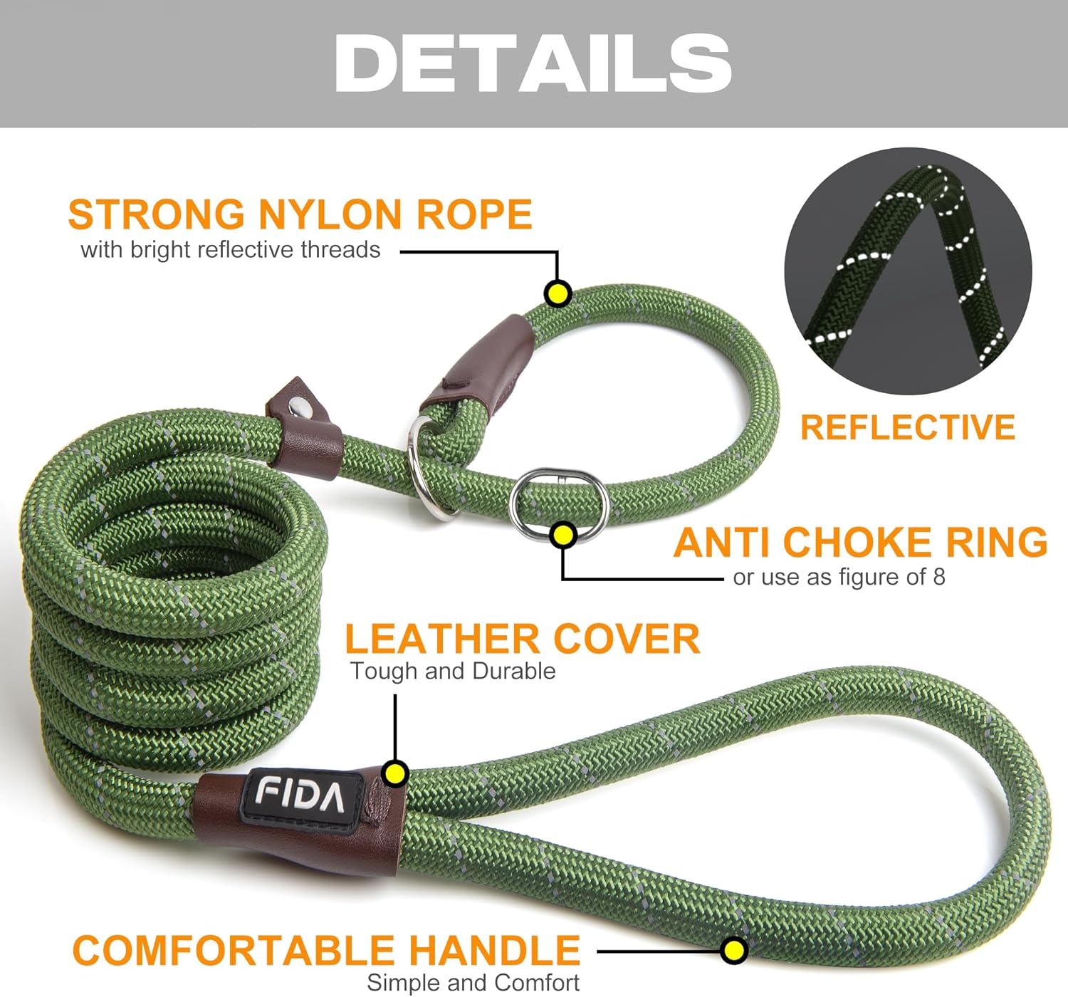 Fida Slip Rope Dog Lead | 1.8m, One-Size-Fits-All, Slip-On Rope Leash. Easy to Slip On, No Collar or Harness Needed. Durable & Weather Resistant Climbers Rope with Reflective Stitching (Green)