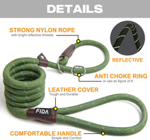 Fida Slip Rope Dog Lead | 1.8m, One-Size-Fits-All, Slip-On Rope Leash. Easy to Slip On, No Collar or Harness Needed. Durable & Weather Resistant Climbers Rope with Reflective Stitching (Green)