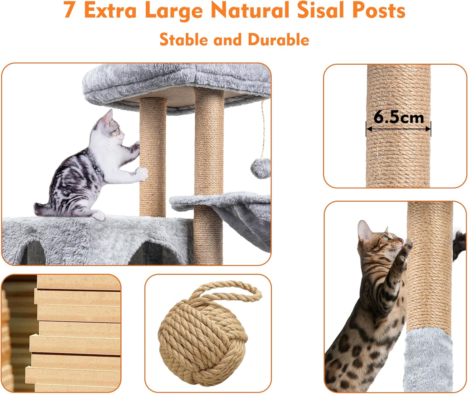 Cat Tree, 145cm Stable Cat Scratching Post for Indoor Cats, Multi-Level Cat Climbing Tower With Posts Fully Wrapped in Natural Sisal Rope, Suitable for Kitty Kitten