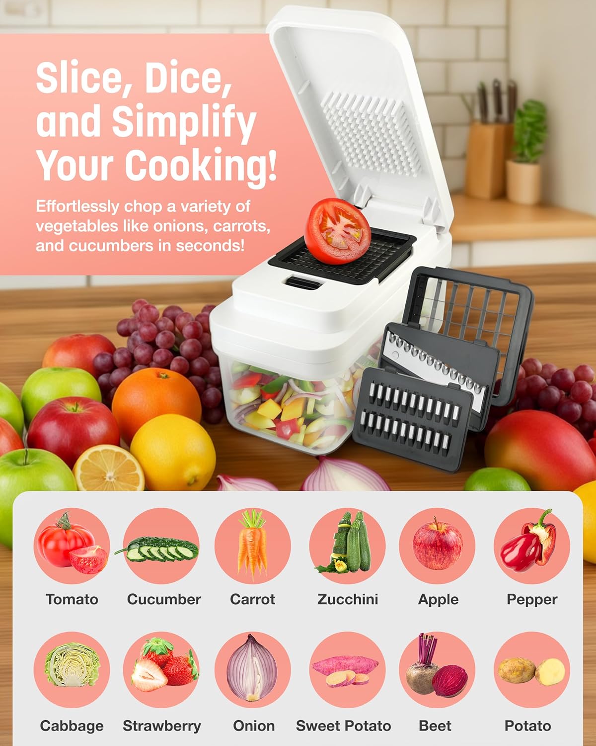 Keplin - 7-in-1 Vegetable Chopper with Container - Multi-Functional Slicer, Dicer & Grater - BPA Free, Dishwasher Safe, Non-Slip Base, Food-Grade ABS & Stainless Steel Blades