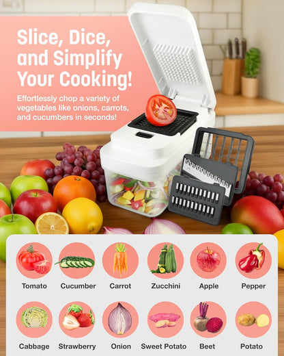 Keplin - 7-in-1 Vegetable Chopper with Container - Multi-Functional Slicer, Dicer & Grater - BPA Free, Dishwasher Safe, Non-Slip Base, Food-Grade ABS & Stainless Steel Blades