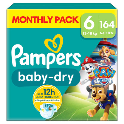 Pampers Baby-Dry Paw Patrol Edition Size 4, 222 Nappies, 9kg - 14kg, Monthly Pack, with A Stop & Protect Pocket to Help Prevent Leaks at The Back