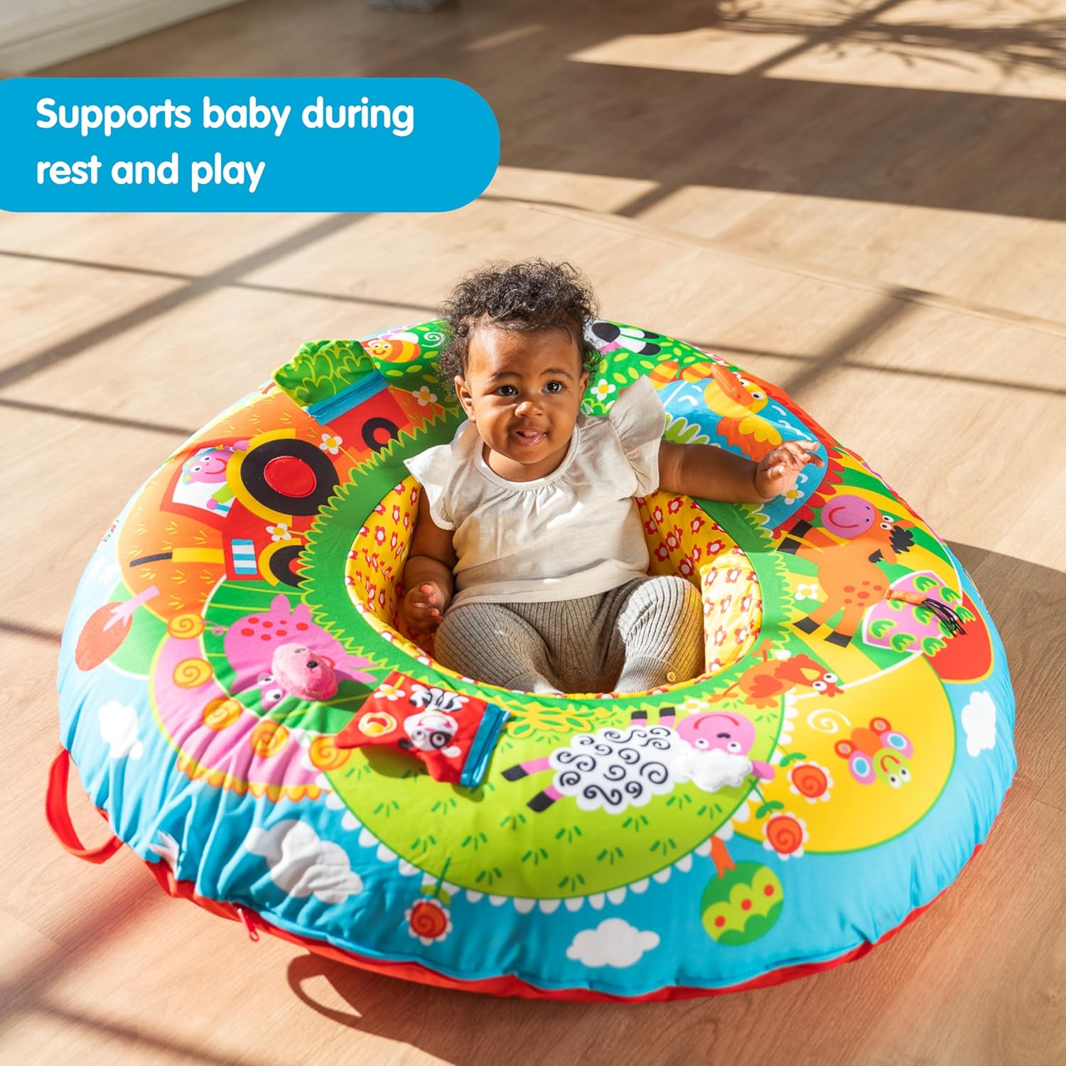 Galt Playnest, Farm - Baby Sit Me Up with Inflatable Ring, Head & Neck Support, 8 Sensory Activities, 90cm Diameter & Machine Washable Cover - Easy Travel, Suitable from Birth - Ages 0 Months Plus