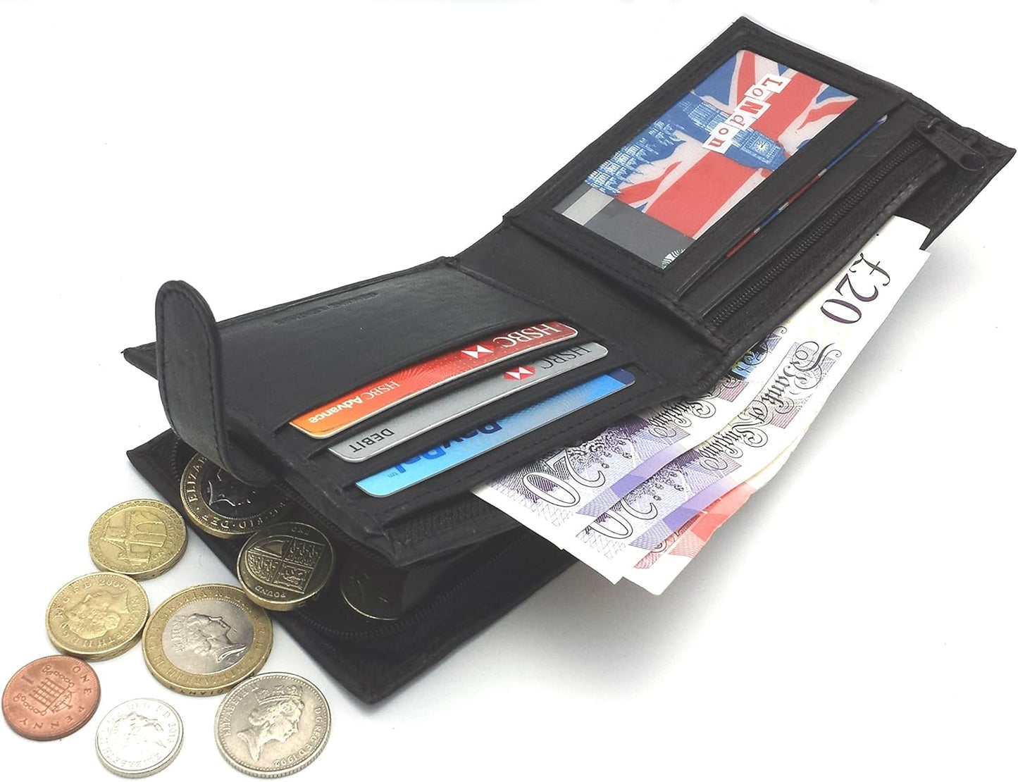 Wallets Mens Slim RFID Blocking Genuine Leather with Zip Coin Pocket, Banknote Compartments, Card Holders Pouch ID Window. Wallet for Men with Gift Box (Jet Black)