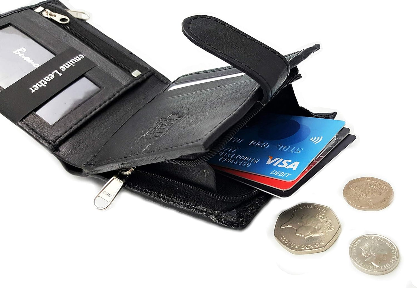 Wallets Mens Slim RFID Blocking Genuine Leather with Zip Coin Pocket, Banknote Compartments, Card Holders Pouch ID Window. Wallet for Men with Gift Box (Jet Black)