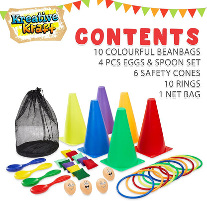 Kids Games Outdoor Play Equipment for Kids Adults Family Garden Toys Sports Day Kit Egg and Spoon Race Ring Toss Sack Race Bean Bag Snakes and Ladders (4 in 1 Set)