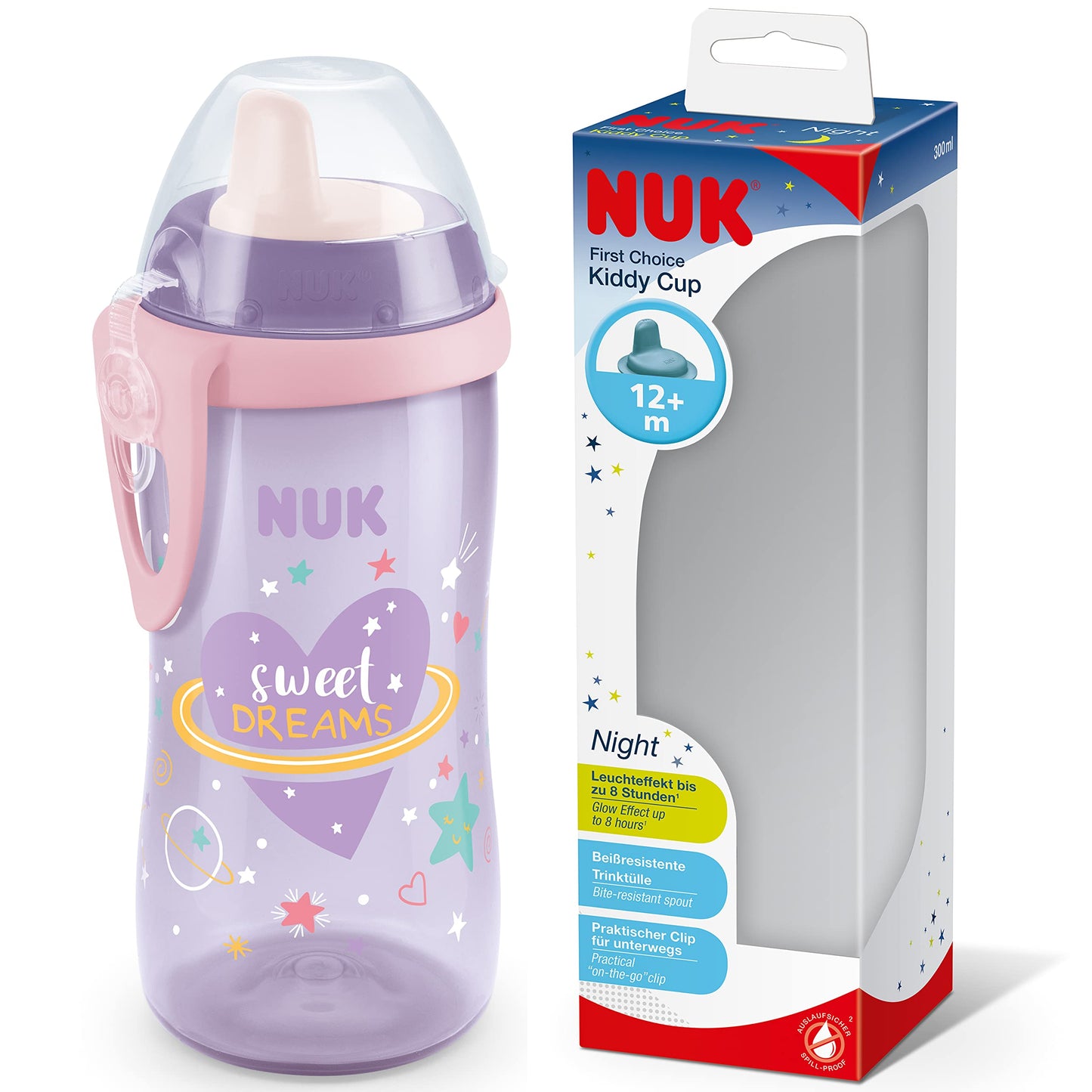 NUK Kiddy Cup Toddler Cup | 12+ Months | 300 ml | Leak-Proof Toughened Spout | Clip & Protective Cap | BPA-Free | Pink