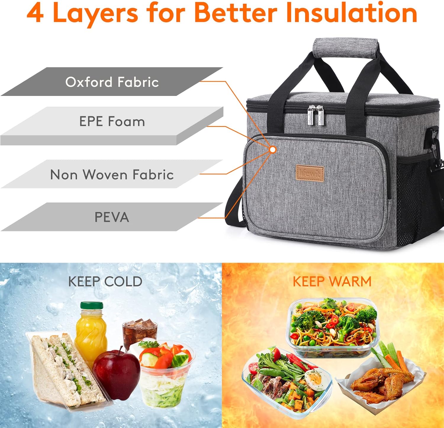 Lifewit 15L (24 Cans) Insulated Lunch Bag, Cooler Bag for Lunch/Work/School/Beach/Picnic (Grey)