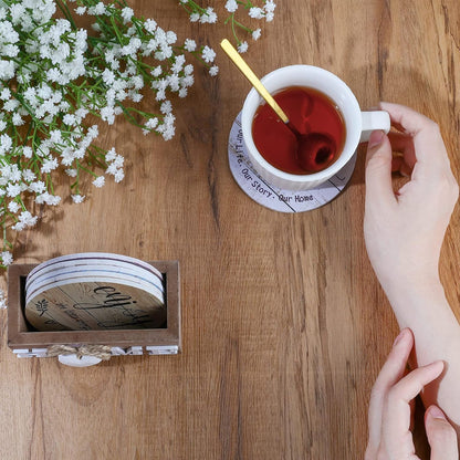 Queekay Housewarming Gifts for Home Decoration Wooden Heart Coasters for Drinks 6 Set Farmhouse Coasters with Holder Funny for Family Coffee Table Protection, 4''(Classic Farmhouse,Home)