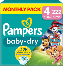 Pampers Baby-Dry Paw Patrol Edition Size 4, 222 Nappies, 9kg - 14kg, Monthly Pack, with A Stop & Protect Pocket to Help Prevent Leaks at The Back
