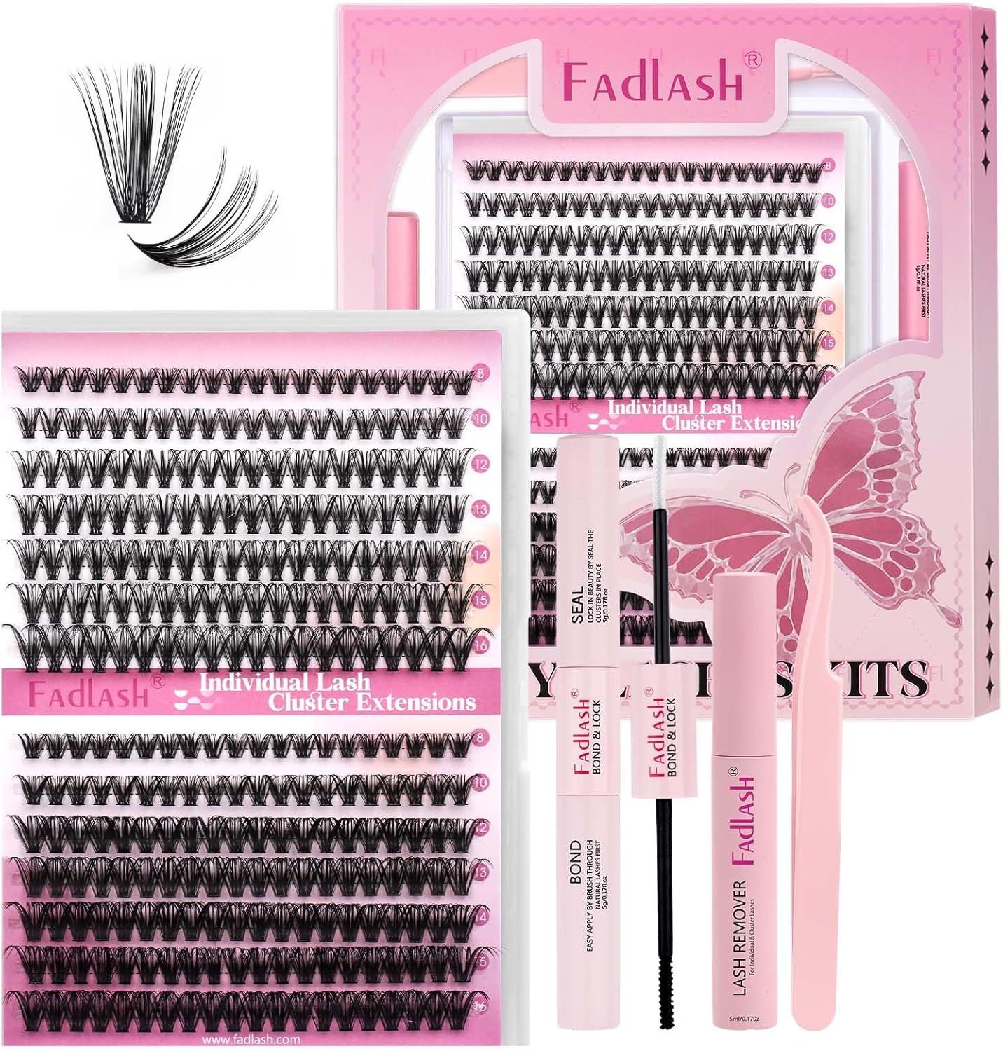 FADLASH DIY Lash Extension Kit Individual Lashes Clusters30P+40P D Curl 8-16mm Lash Bond and Seal, Clusters Lash Glue Remover and Eyelash Tweezers for Eyelash Extensions