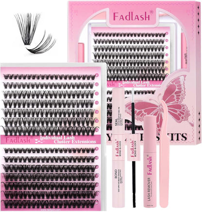 FADLASH DIY Lash Extension Kit Individual Lashes Clusters30P+40P D Curl 8-16mm Lash Bond and Seal, Clusters Lash Glue Remover and Eyelash Tweezers for Eyelash Extensions