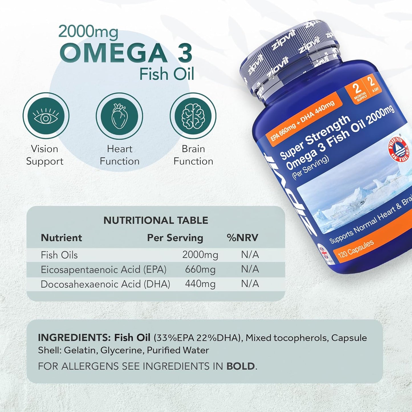 Omega 3 Fish Oil 2000mg, EPA 660mg DHA 440mg per Daily Serving. 120 Capsules (2 Months Supply). Supports Heart, Brain Function and Eye Health. 2 Capsules Per Serving