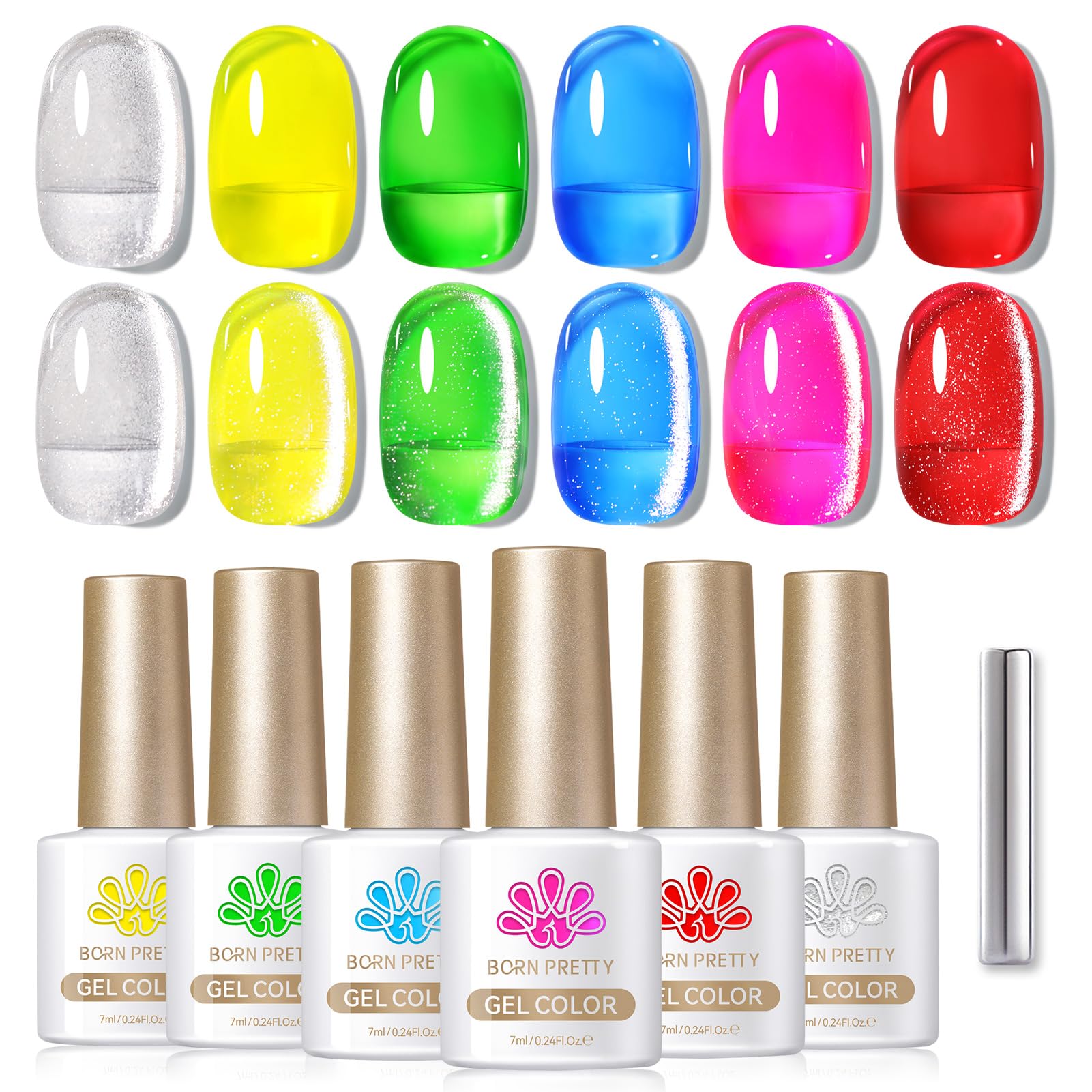 BORN PRETTY 6 Colors Jelly Nude Pink Cat Magnetic Eye Gel Polish Set with Magnet, Soak-Off U V/LED Iridescent Cat Gel for Nail Art Salon DIY Home