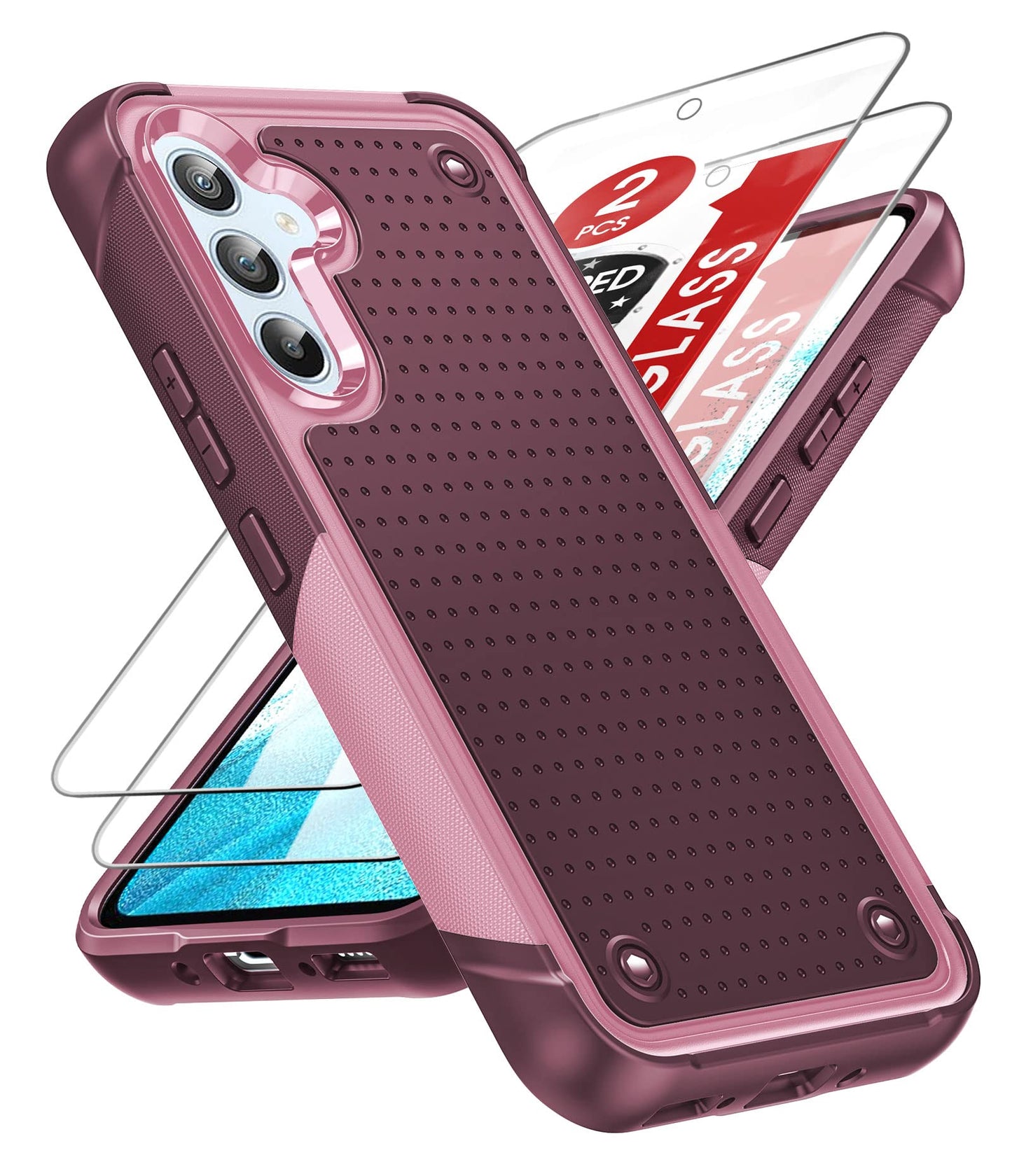 LeYi Armour Case Compatible with Samsung Galaxy A54 5G, Galaxy A54 Phone Cover with 2 Pack Tempered Glass Screen Protectors, Heavy Duty Hard PC Textured Shockproof Back Case Red