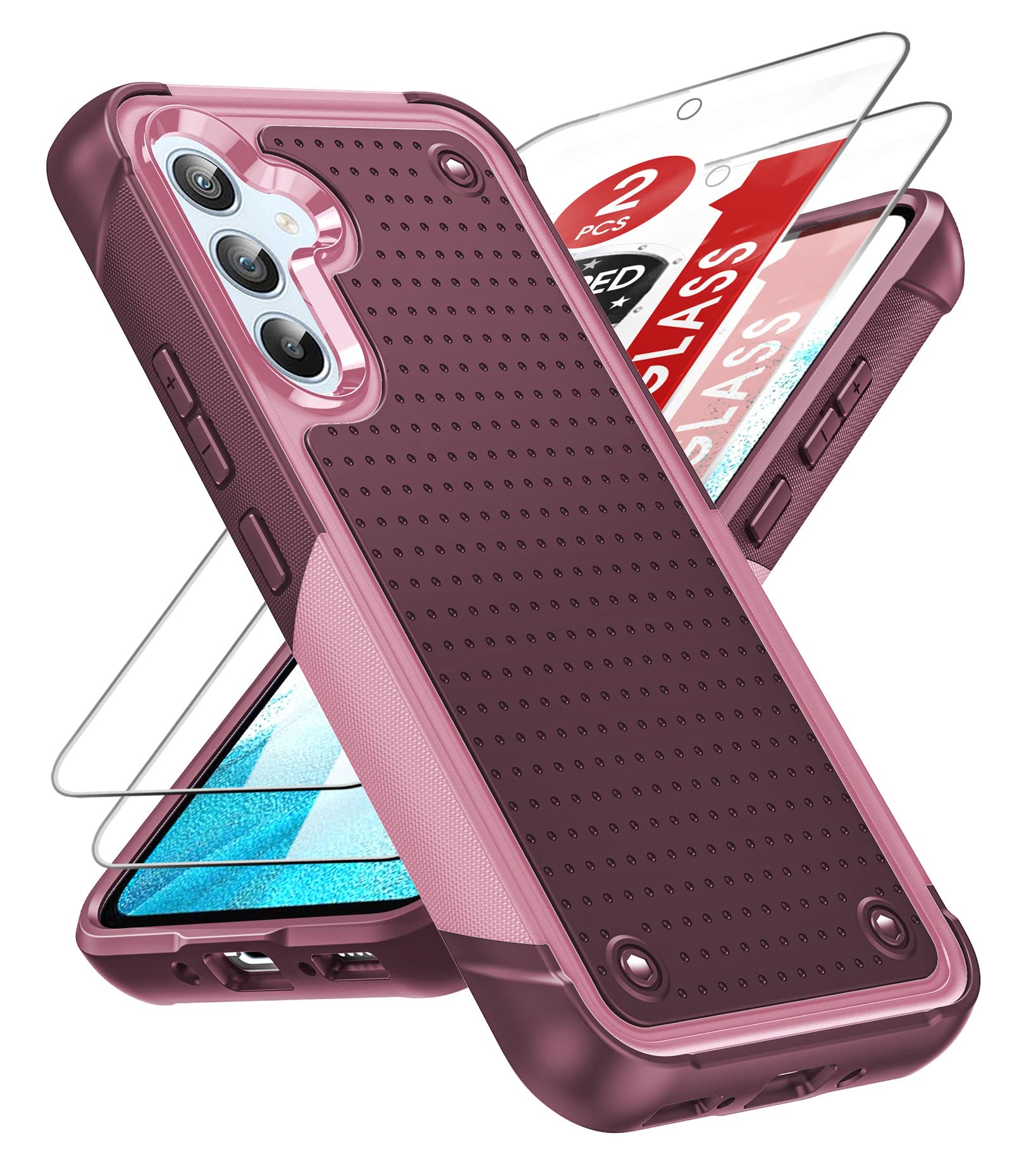 LeYi Armour Case Compatible with Samsung Galaxy A54 5G, Galaxy A54 Phone Cover with 2 Pack Tempered Glass Screen Protectors, Heavy Duty Hard PC Textured Shockproof Back Case Red