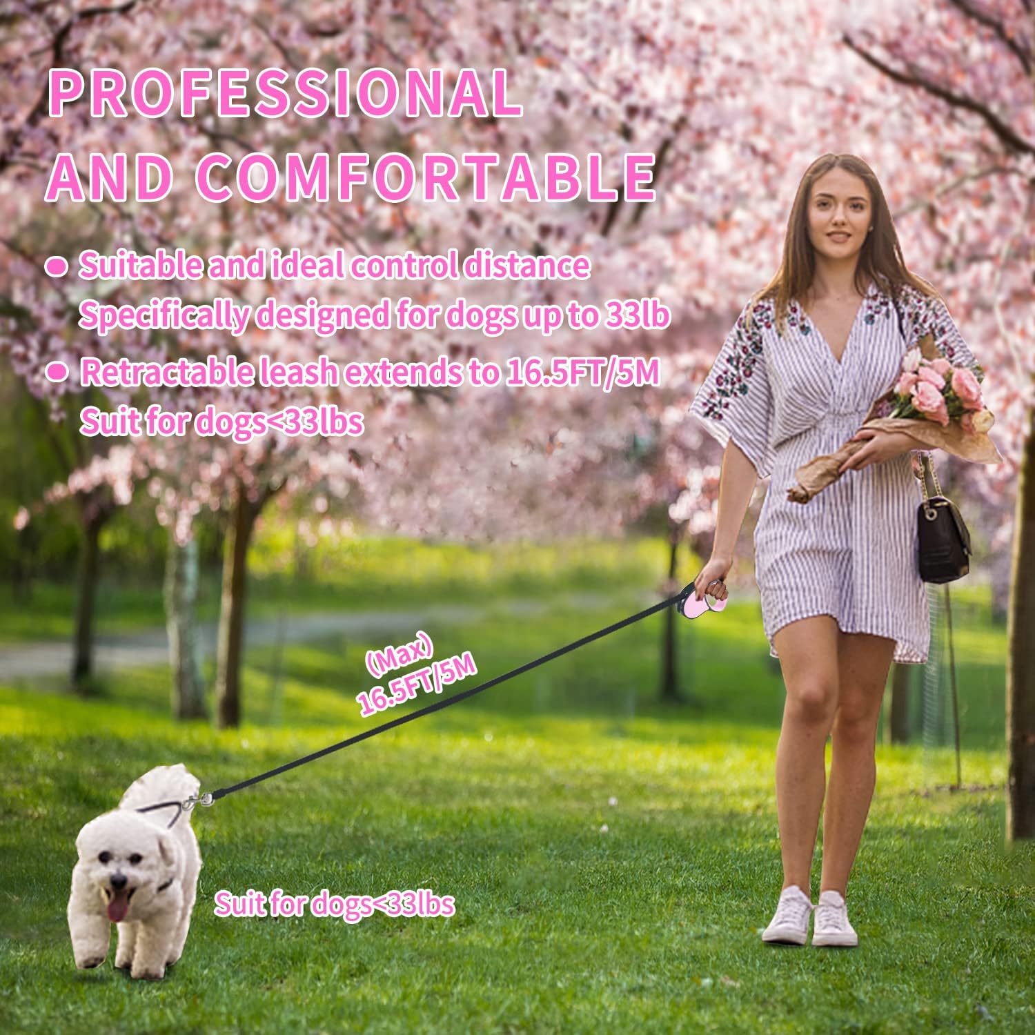 Retractable Dog Lead, ANCOOLE 5M/16FT Extendable Dog Lead 360°Tangle-Free Smooth&Durable Nylon Tape with Anti-Slip Handle, One-Handed Brake for Small Medium Dogs (Pink)