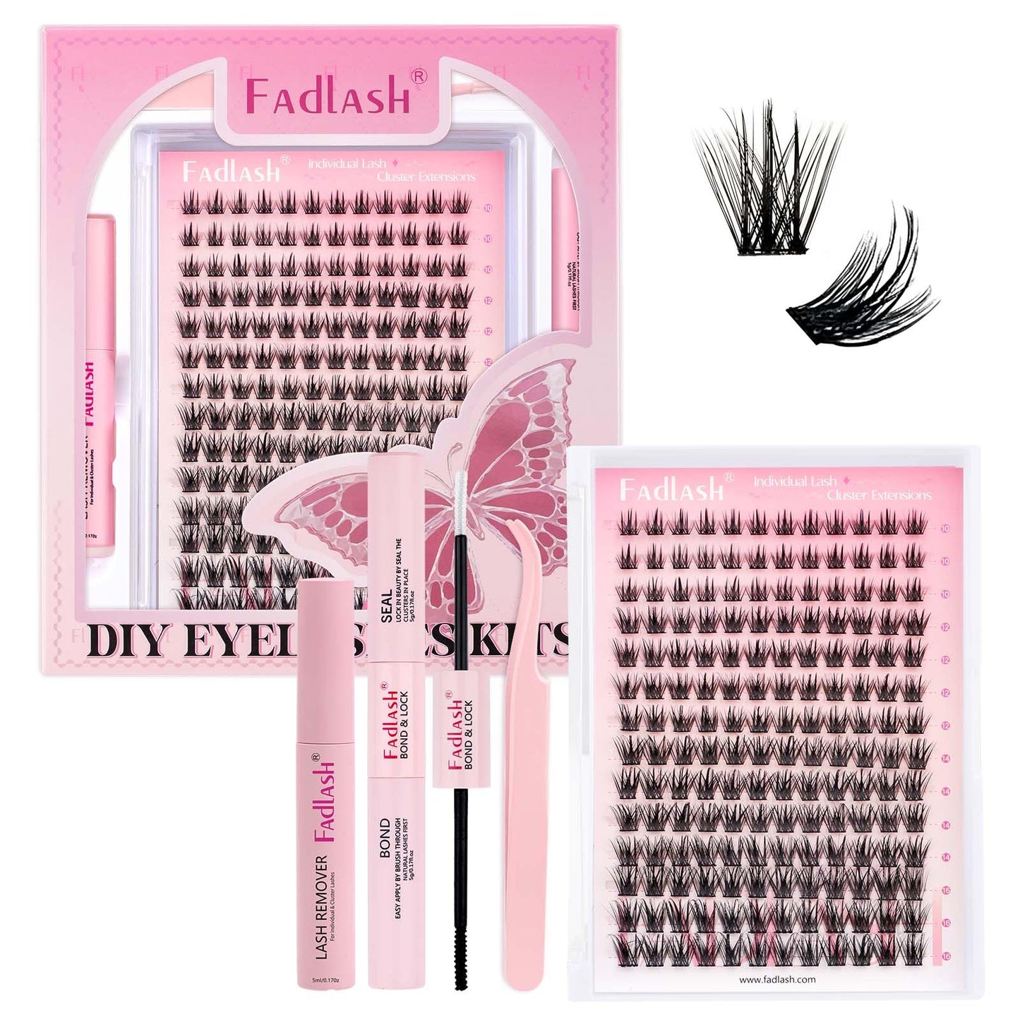 FADLASH DIY Lash Extension Kit Individual Lashes Clusters30P+40P D Curl 8-16mm Lash Bond and Seal, Clusters Lash Glue Remover and Eyelash Tweezers for Eyelash Extensions