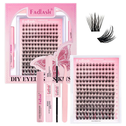 FADLASH DIY Lash Extension Kit Individual Lashes Clusters30P+40P D Curl 8-16mm Lash Bond and Seal, Clusters Lash Glue Remover and Eyelash Tweezers for Eyelash Extensions