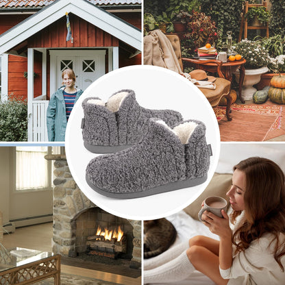FamilyFairy Women's Memory Foam Boots Slippers Warm Shearling Bootie Soft Plush Fleece Comfy House Shoes Outdoor Indoor Rubber Sole