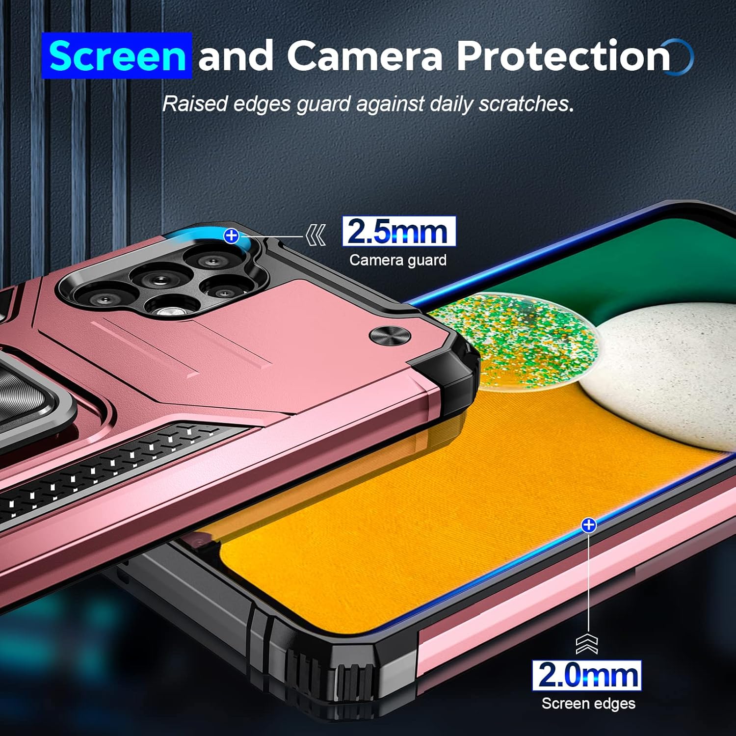 LeYi for Samsung Galaxy A13 4G Phone Case and 2 Tempered Glass Screen Protector + 2 Camera Lens Protector, Ring Holder Shockproof Military Grade Protective Mobile Phone Cover for Samsung A13 Rose Gold