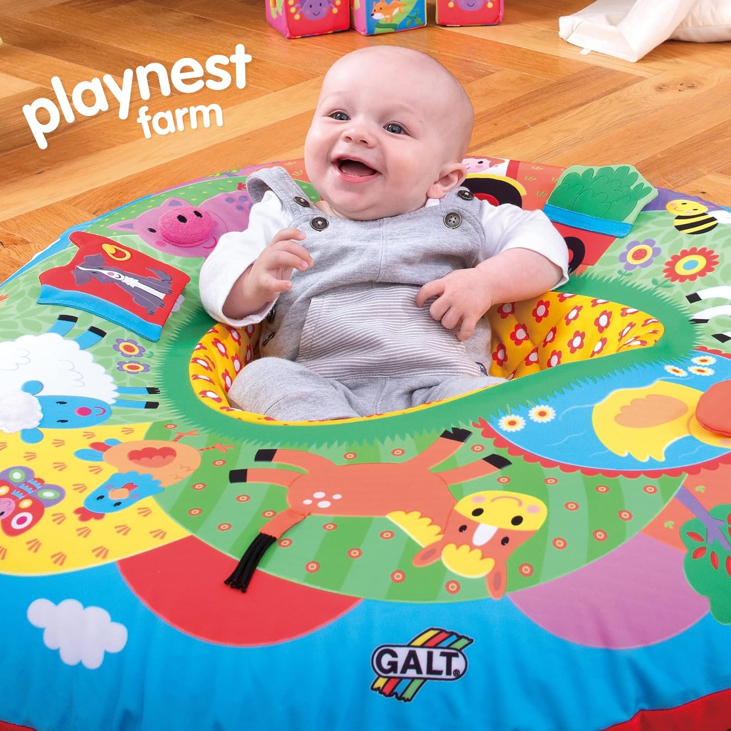 Galt Playnest, Farm - Baby Sit Me Up with Inflatable Ring, Head & Neck Support, 8 Sensory Activities, 90cm Diameter & Machine Washable Cover - Easy Travel, Suitable from Birth - Ages 0 Months Plus