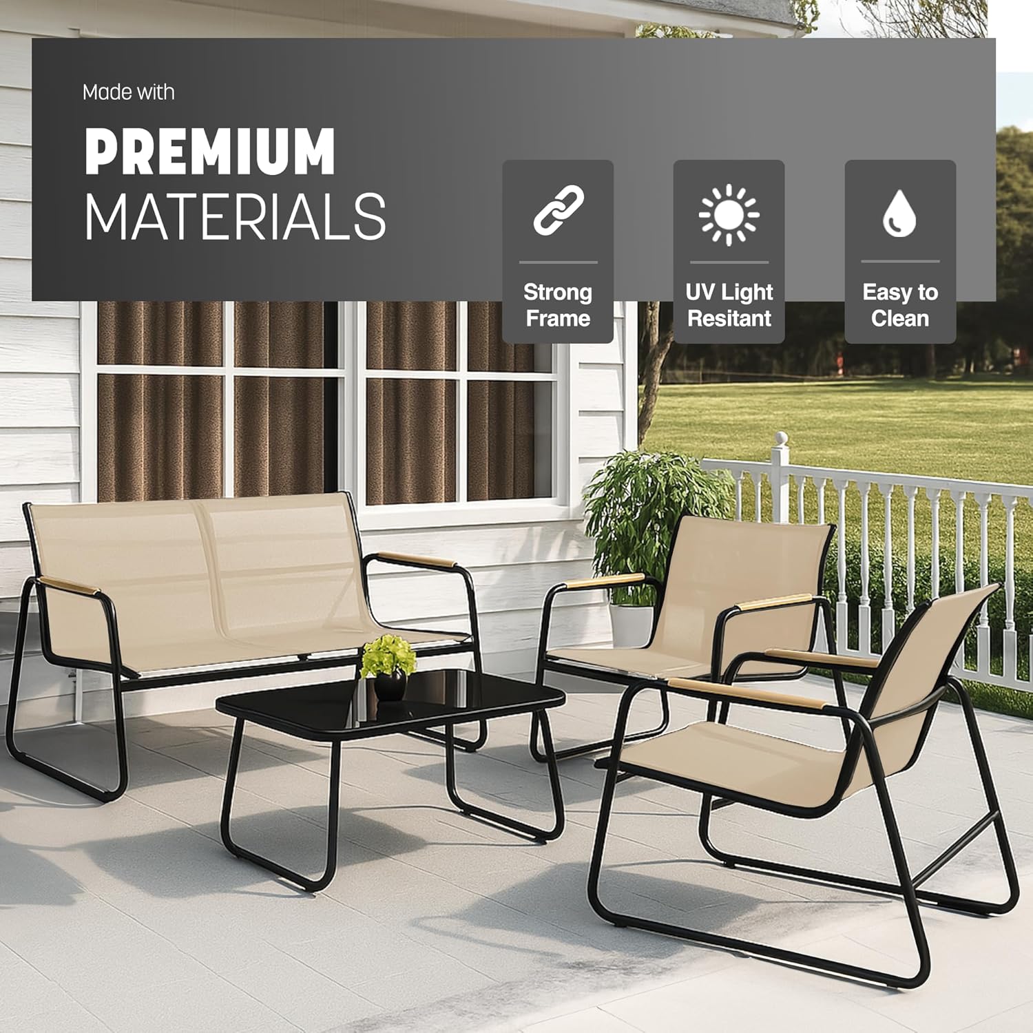 KEPLIN Mesh 4 Piece Garden Furniture Set, Modern Outdoor Patio Set with Easy Assembly, Comfortable & Durable Outdoor Furniture, Ideal Conversation Set for Gardens, Balconies, Poolside, Black