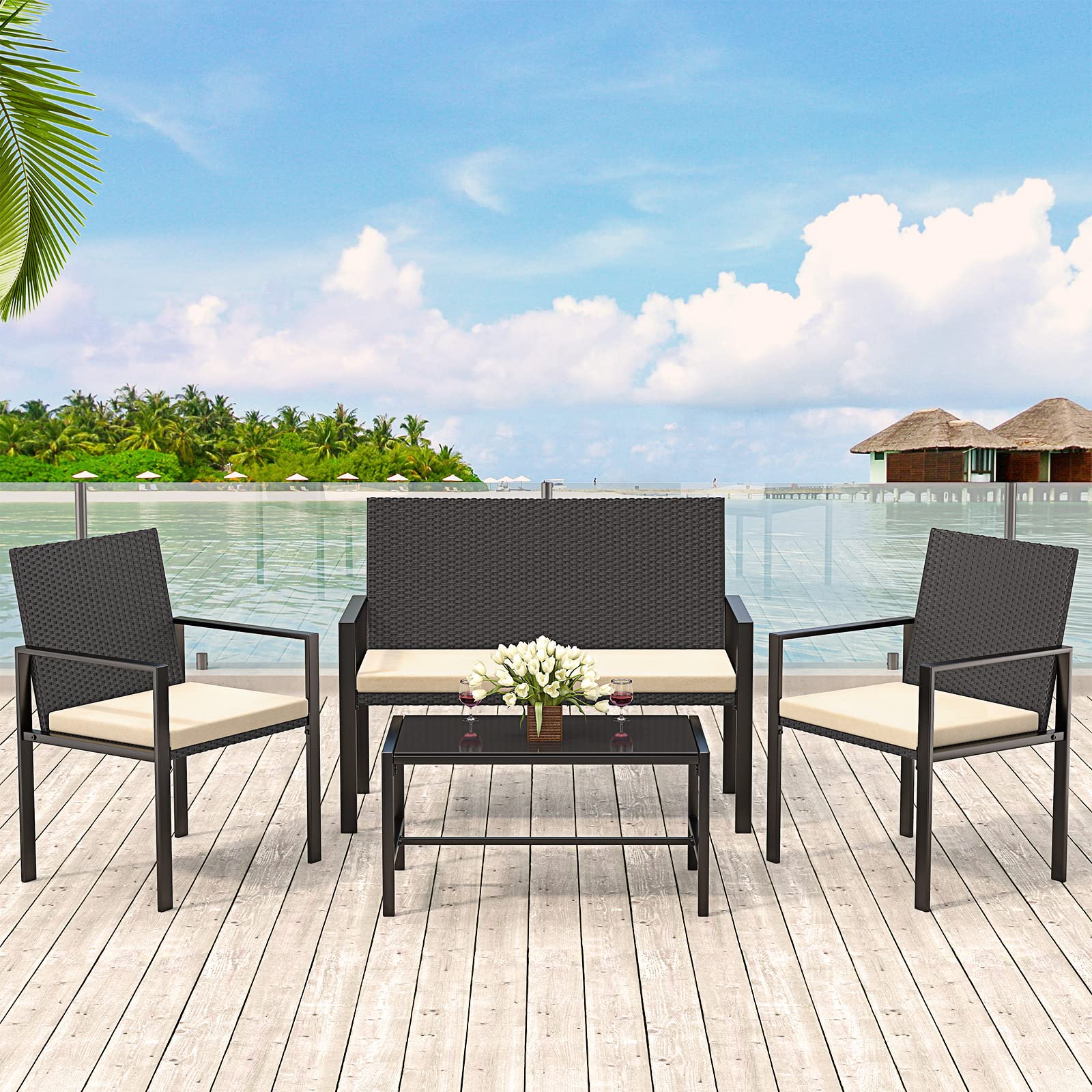bigzzia Rattan Garden Furniture Set, 4 piece Patio Rattan furniture sofa Weaving Wicker includes 2 Armchairs,1 Double seat Sofa and 1 table (Black)