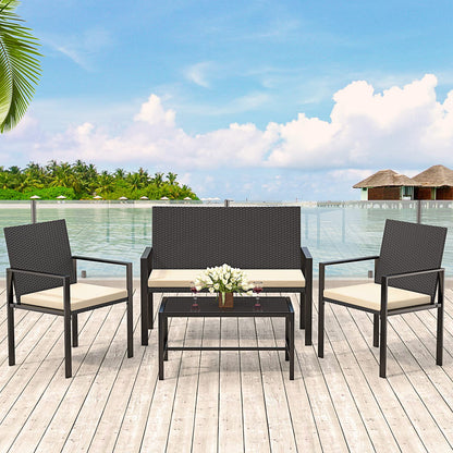 bigzzia Rattan Garden Furniture Set, 4 piece Patio Rattan furniture sofa Weaving Wicker includes 2 Armchairs,1 Double seat Sofa and 1 table (Black)