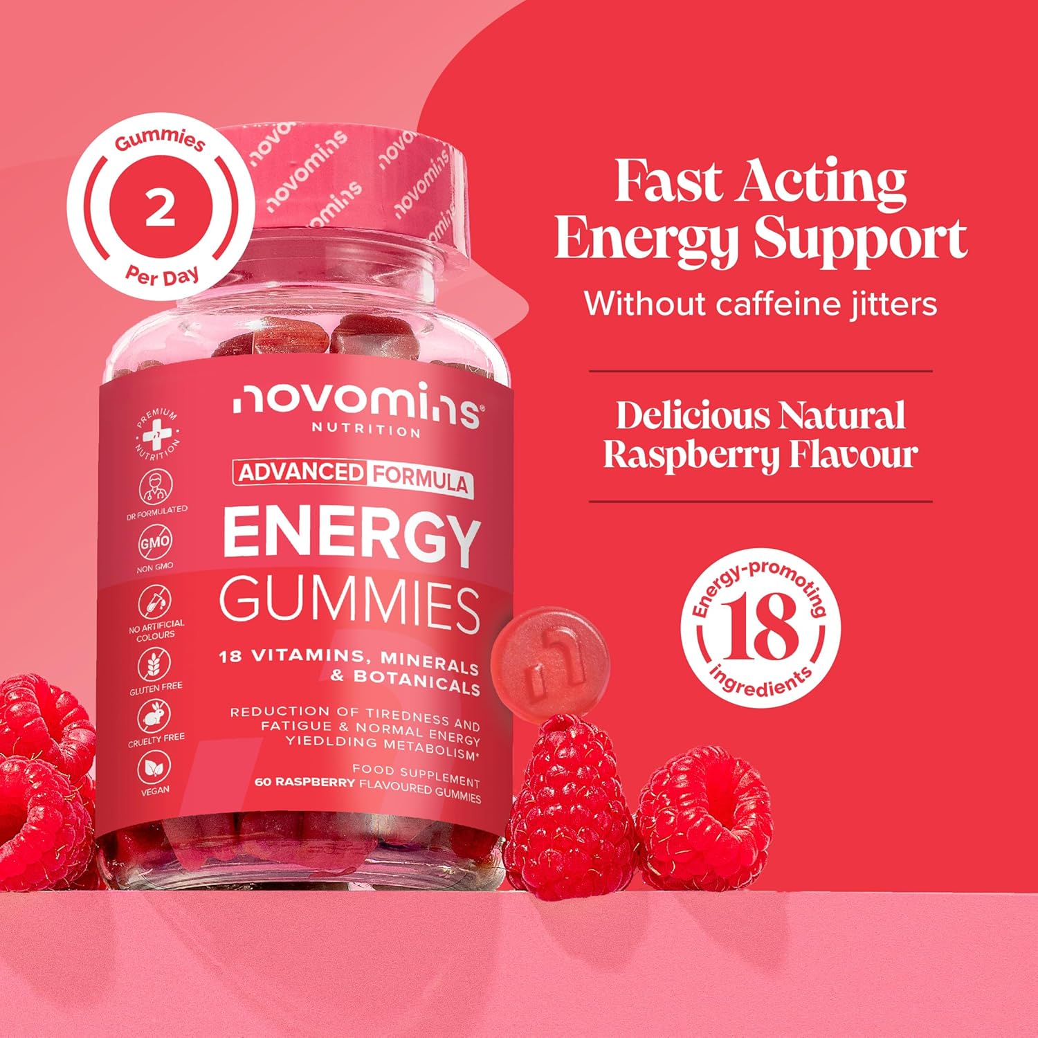 Energy Gummies - High Strength Energy Chews – Tastier Than Energy Gels, Drinks, Tablets and Pills – Caffeine Free Energy Boost Supplements for Running, Cycling, Studying - Made by Novomins