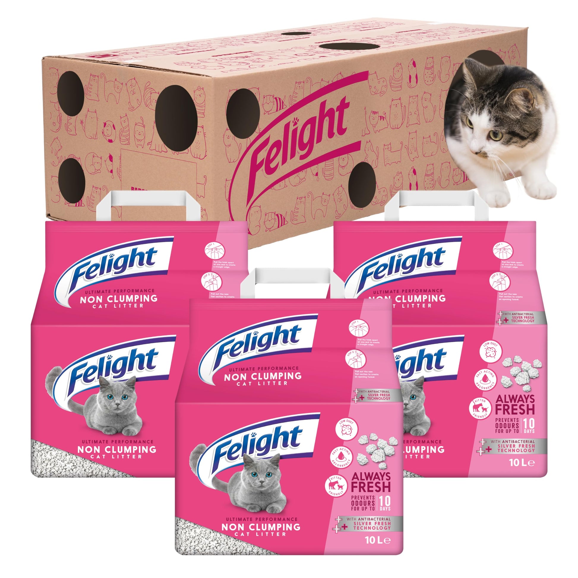 Felight Non-Clumping Cat Litter (20L Bag) - Antibacterial Silverfresh Technology, Prevents Odours for up to 10 Days, Made in the UK