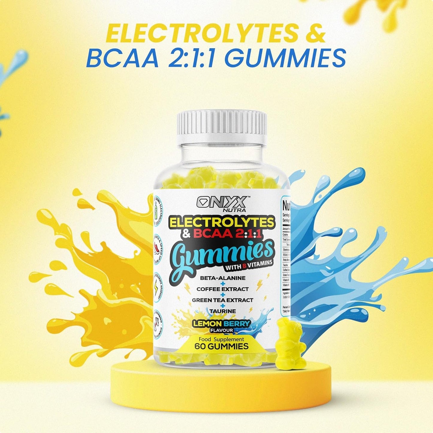 ONYX NUTRA Electrolytes Gummies 400mg with BCAAs & B Vitamins for Hydration + Beta-Alanine, Taurine, Green Tea & Coffee Extract - Zero Sugar - 120 Vegan Gummys, 60 Servings (120 Gummies)