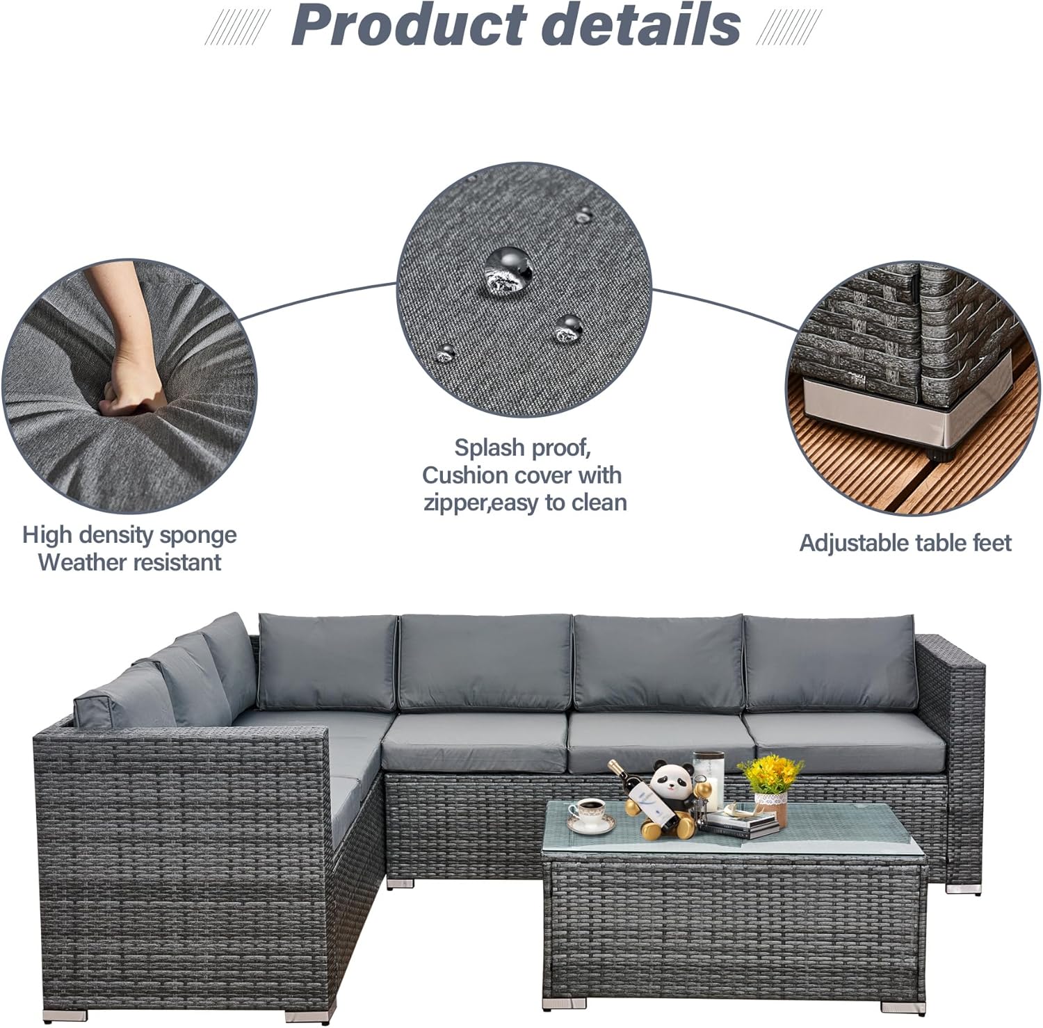 Aweather 6 Seater Rattan Corner Sofa Set Rattan Garden Furniture Set All-Weather PE Rattan Wicker Patio Conversation Set with Modern Glass Coffee Table and Washable Cushions (Gray)