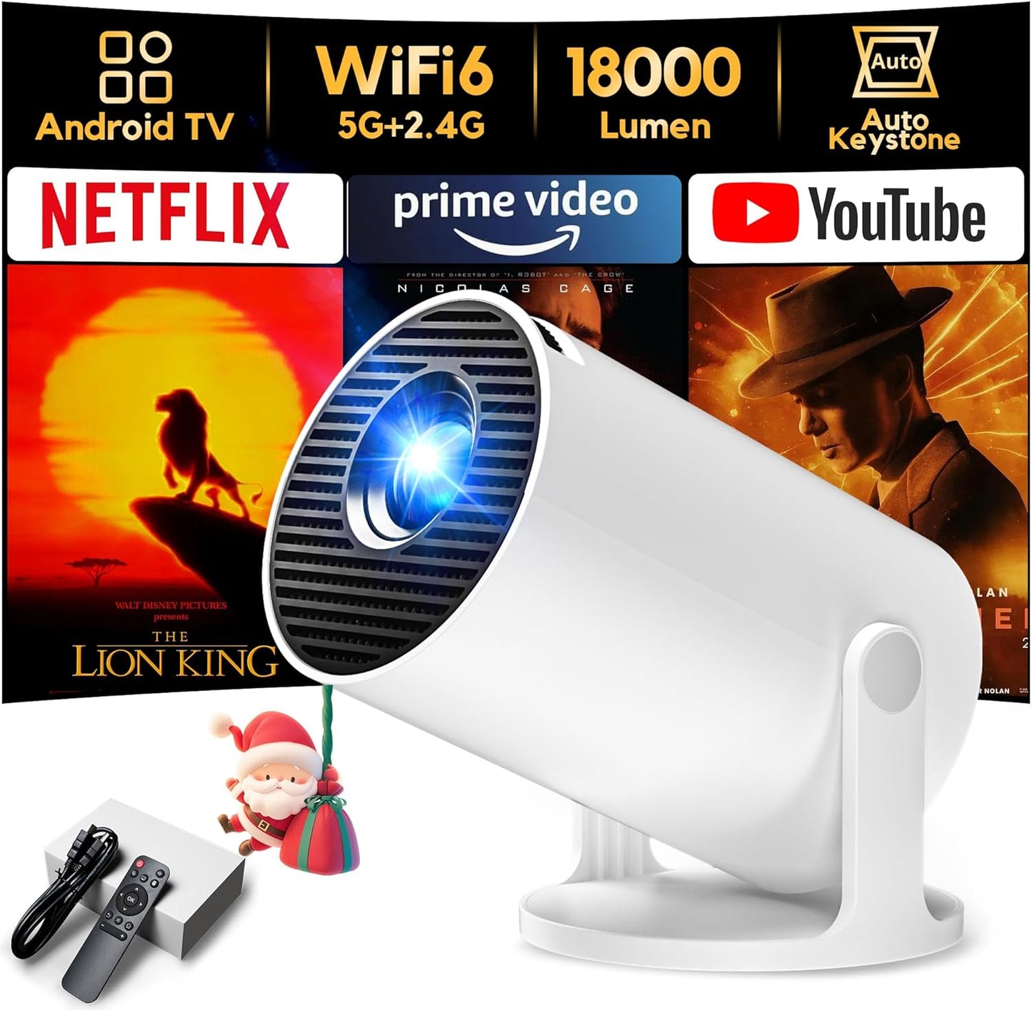 Mini Projector [Built-in Apps] AKIYO O2 2025 Upgraded 18000 Lumen Projector with WiFi6 & BT5.4, Portable Projectors 1080P Supported, Auto Keystone, 180° Rotation Compatible with HDMI/USB/Laptop/Switch