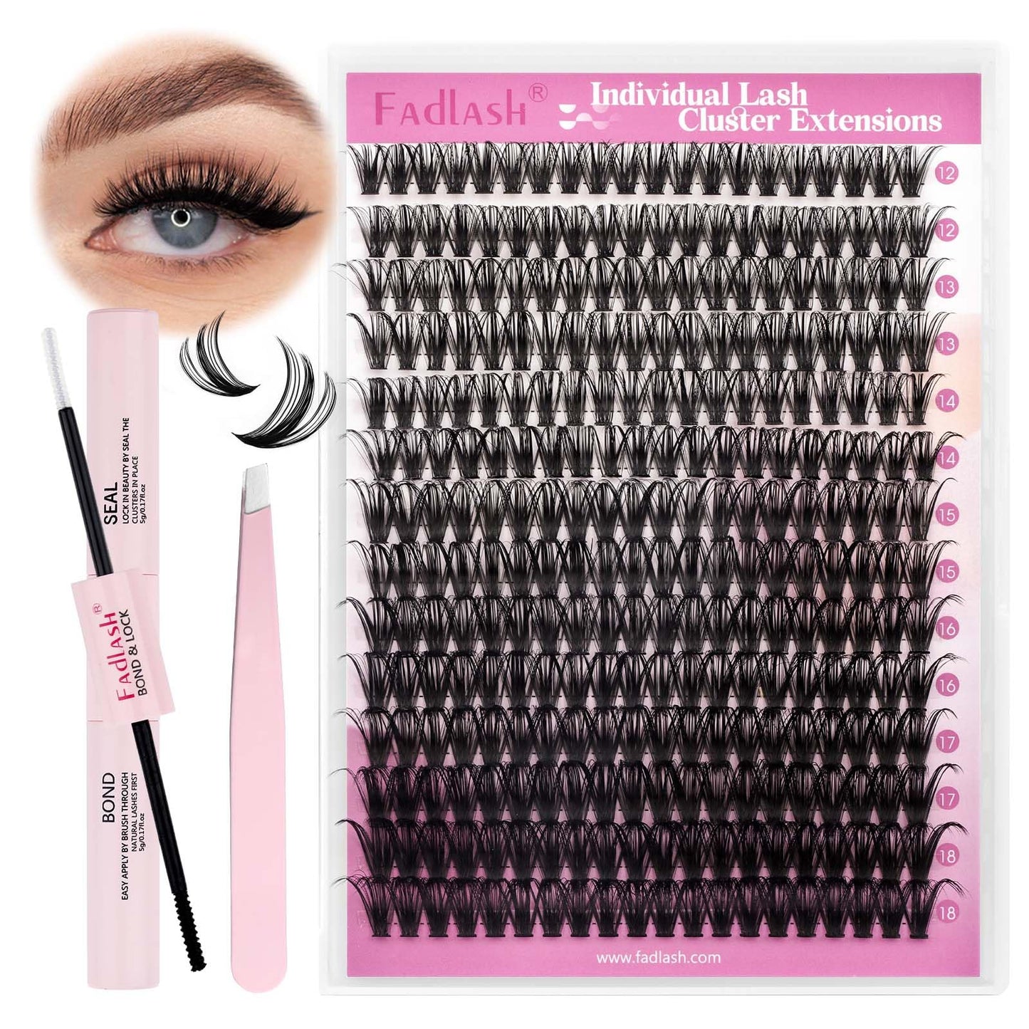 FADLASH DIY Lash Extension Kit Individual Lashes Clusters30P+40P D Curl 8-16mm Lash Bond and Seal, Clusters Lash Glue Remover and Eyelash Tweezers for Eyelash Extensions