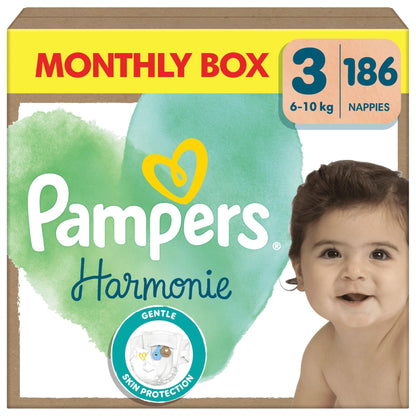 Pampers Harmonie Nappies Size 2, 204 Nappies, 4kg-8kg, Monthly Pack, Gentle Skin Protection with 100 Percent Pampers Protection
