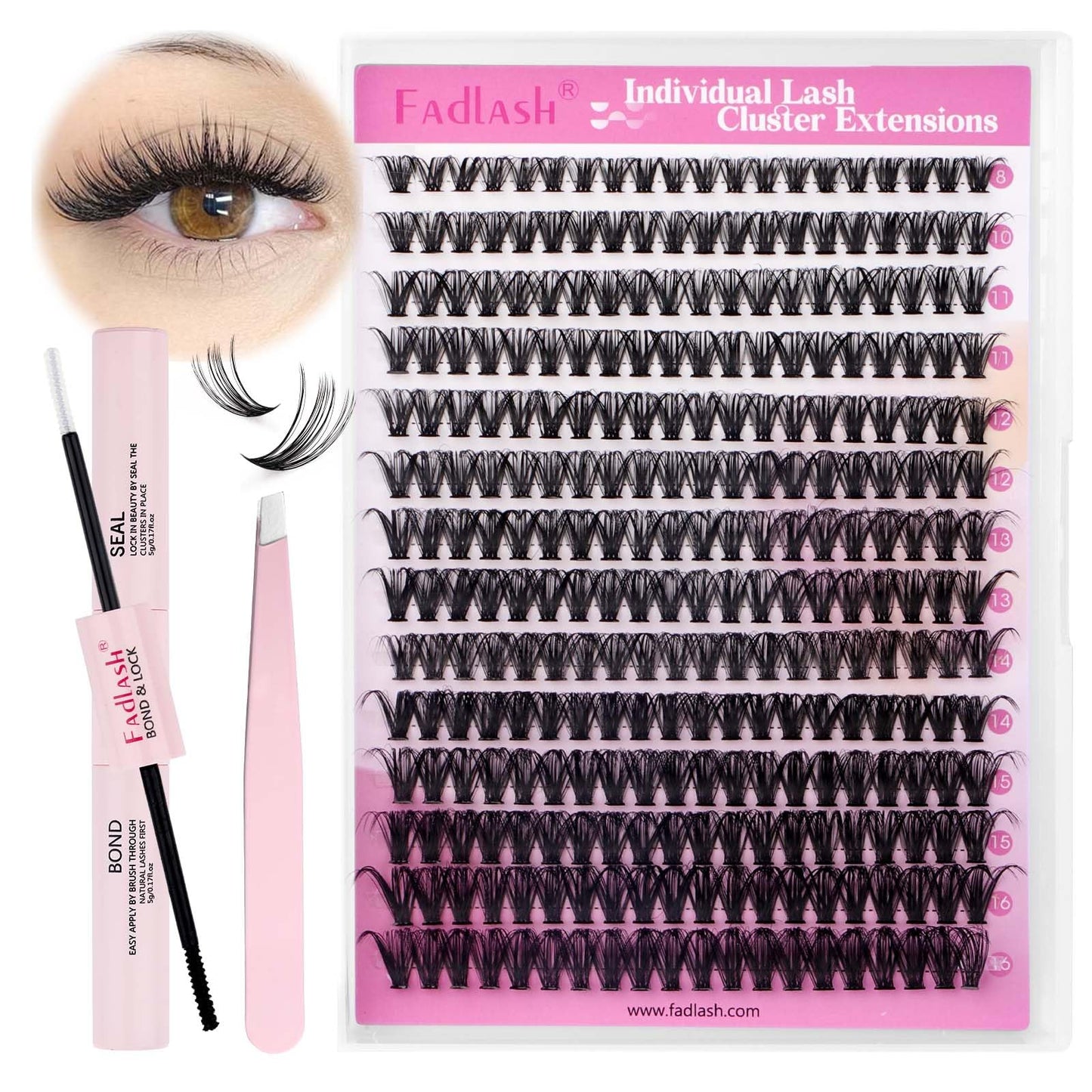 FADLASH DIY Lash Extension Kit Individual Lashes Clusters30P+40P D Curl 8-16mm Lash Bond and Seal, Clusters Lash Glue Remover and Eyelash Tweezers for Eyelash Extensions