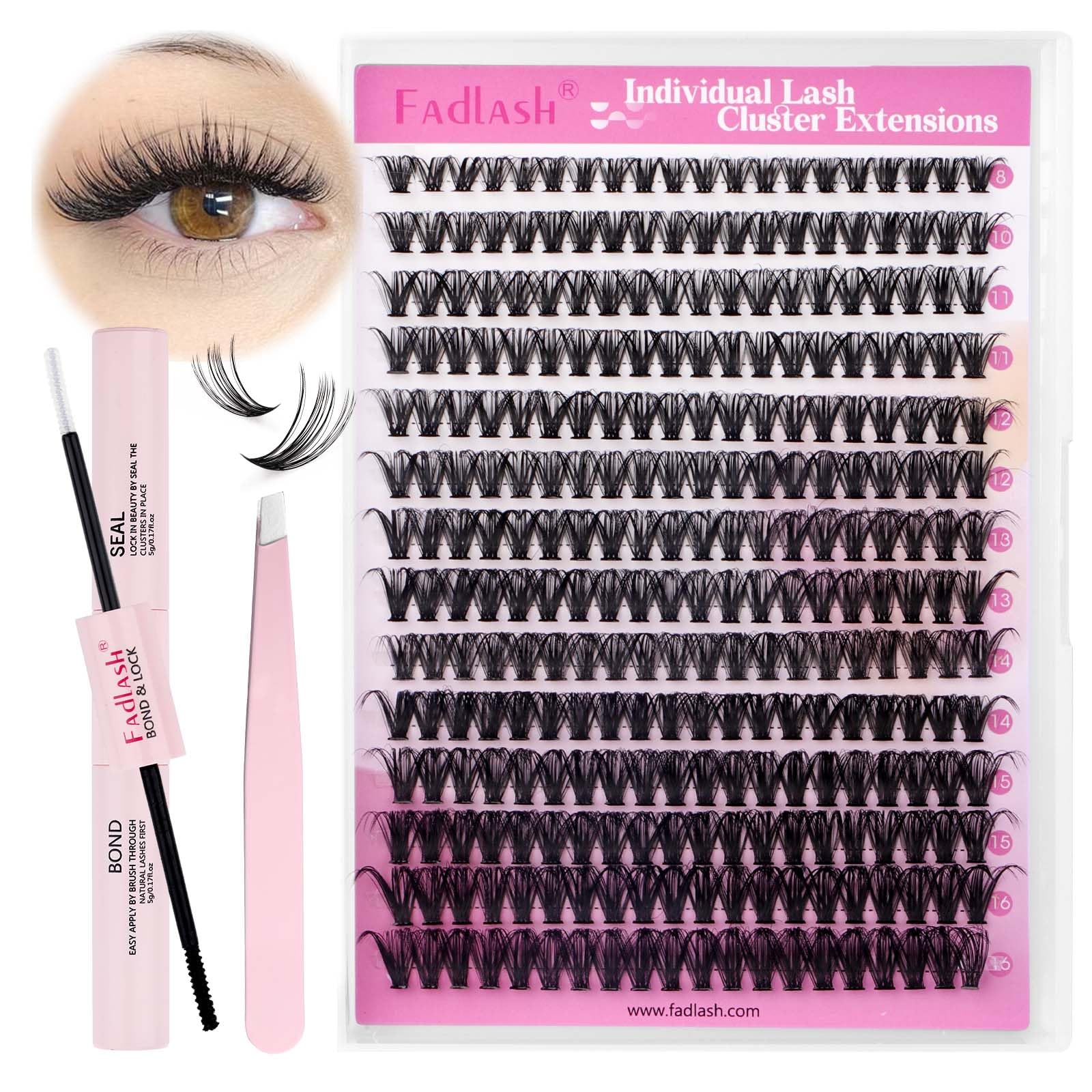 FADLASH DIY Lash Extension Kit Individual Lashes Clusters30P+40P D Curl 8-16mm Lash Bond and Seal, Clusters Lash Glue Remover and Eyelash Tweezers for Eyelash Extensions
