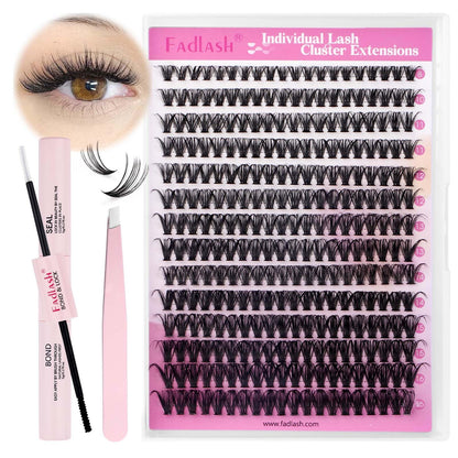 FADLASH DIY Lash Extension Kit Individual Lashes Clusters30P+40P D Curl 8-16mm Lash Bond and Seal, Clusters Lash Glue Remover and Eyelash Tweezers for Eyelash Extensions