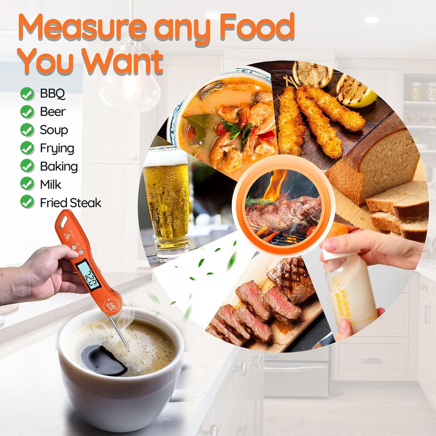 DOQAUS Food Thermometer, Instant Read Meat Thermometers, Digital Cooking Thermometer, Backlight LCD Screen Foldable Long Probe, Auto On/Off, Perfect for Kitchen Cooking, BBQ, Water,Meat, Milk(Orange)