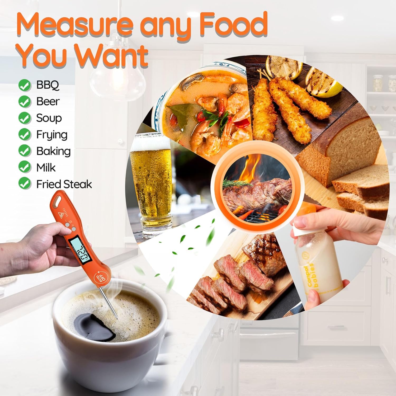 DOQAUS Food Thermometer, Instant Read Meat Thermometers, Digital Cooking Thermometer, Backlight LCD Screen Foldable Long Probe, Auto On/Off, Perfect for Kitchen Cooking, BBQ, Water,Meat, Milk(Orange)