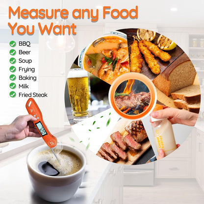 DOQAUS Food Thermometer, Instant Read Meat Thermometers, Digital Cooking Thermometer, Backlight LCD Screen Foldable Long Probe, Auto On/Off, Perfect for Kitchen Cooking, BBQ, Water,Meat, Milk(Orange)