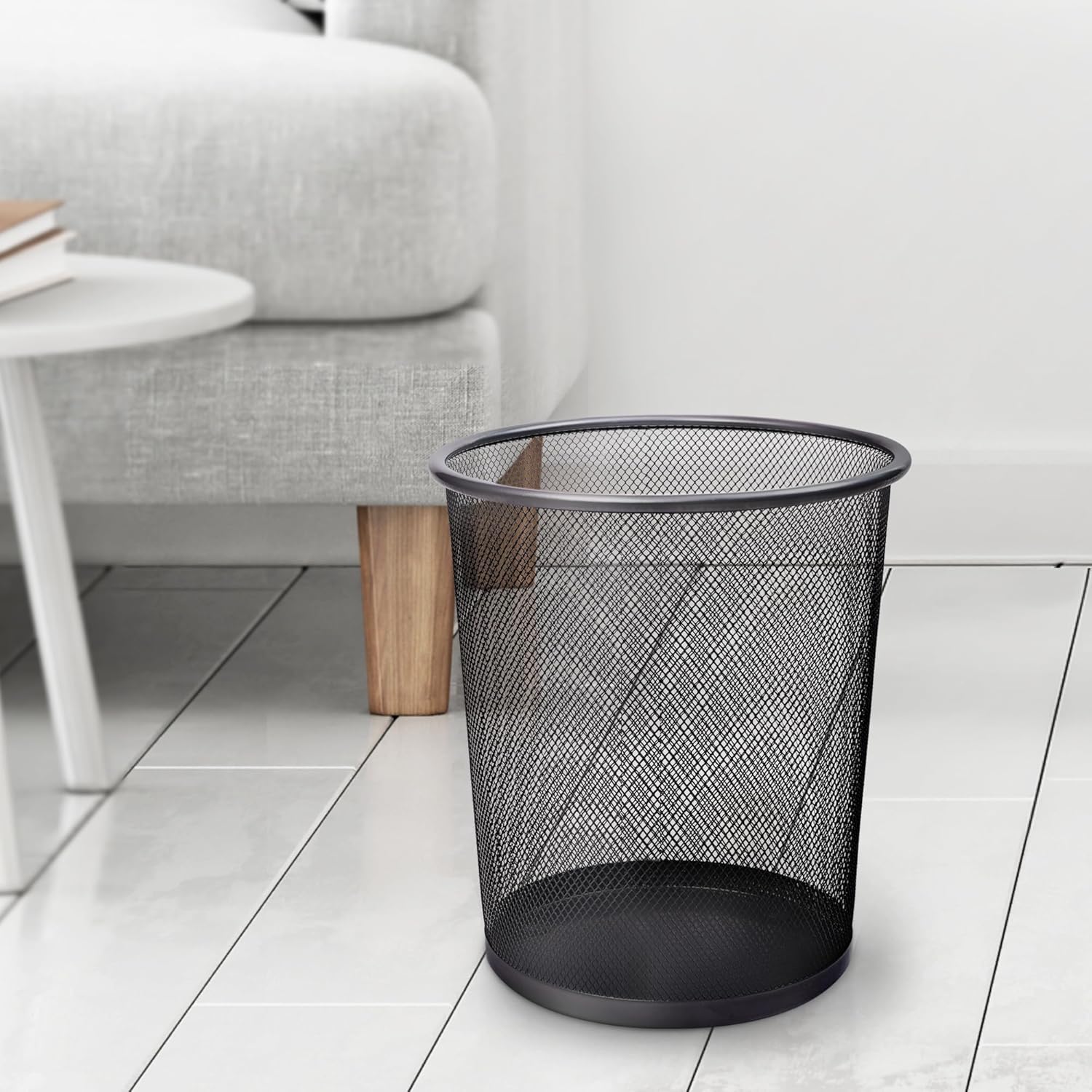 KEPLIN Round Trash Can Bin - 1 Pack Black Non-slip Mesh Bins | Waste Paper Bin | Sturdy Metal Bin Indoor Waste Bin for Home, Bedroom, Office, Bathroom, Living Room, Kitchen