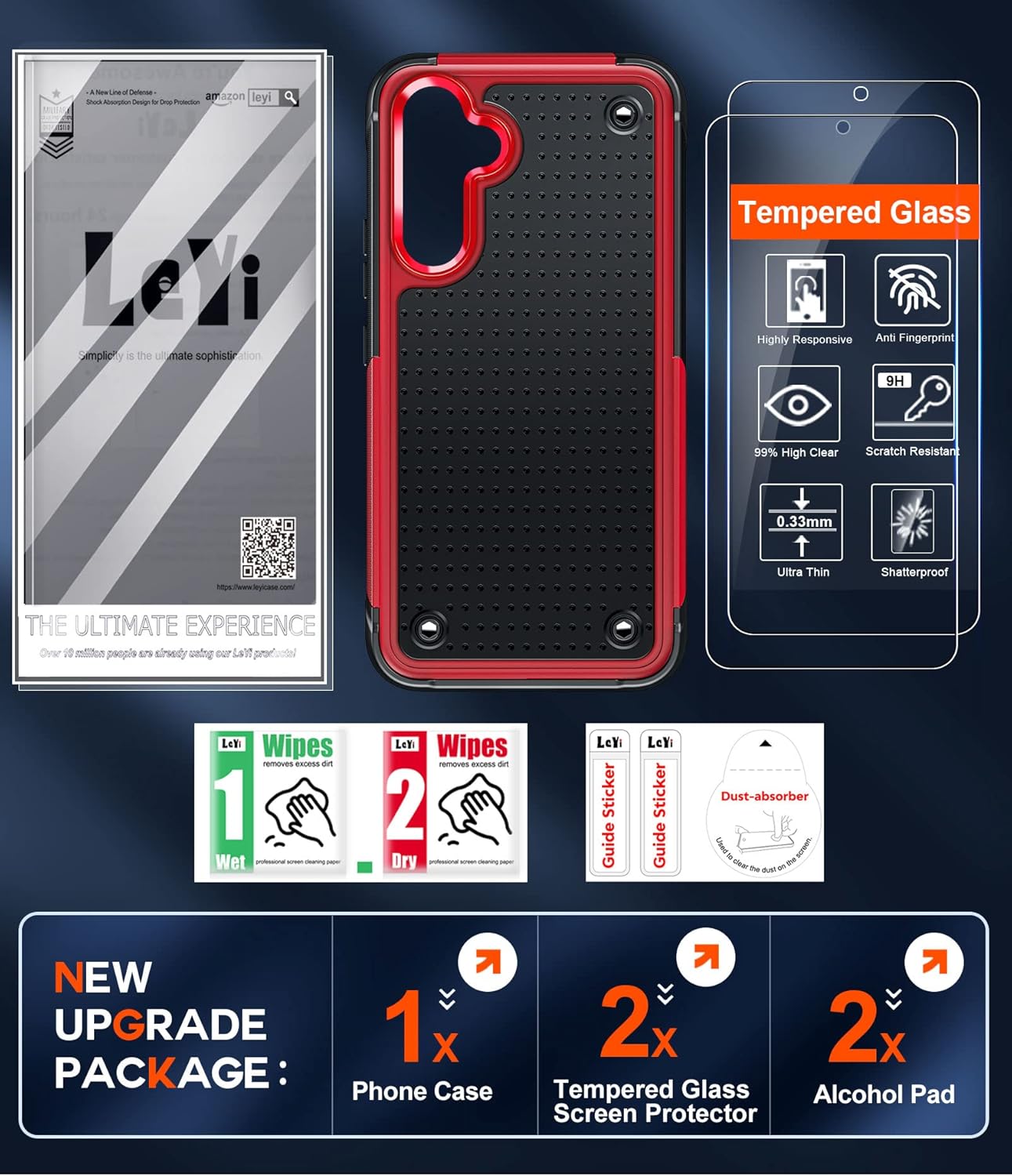 LeYi Armour Case Compatible with Samsung Galaxy A54 5G, Galaxy A54 Phone Cover with 2 Pack Tempered Glass Screen Protectors, Heavy Duty Hard PC Textured Shockproof Back Case Red