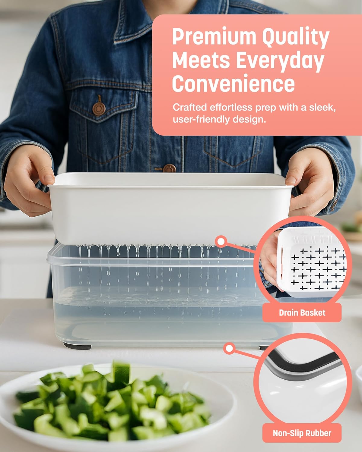 Keplin - 7-in-1 Vegetable Chopper with Container - Multi-Functional Slicer, Dicer & Grater - BPA Free, Dishwasher Safe, Non-Slip Base, Food-Grade ABS & Stainless Steel Blades