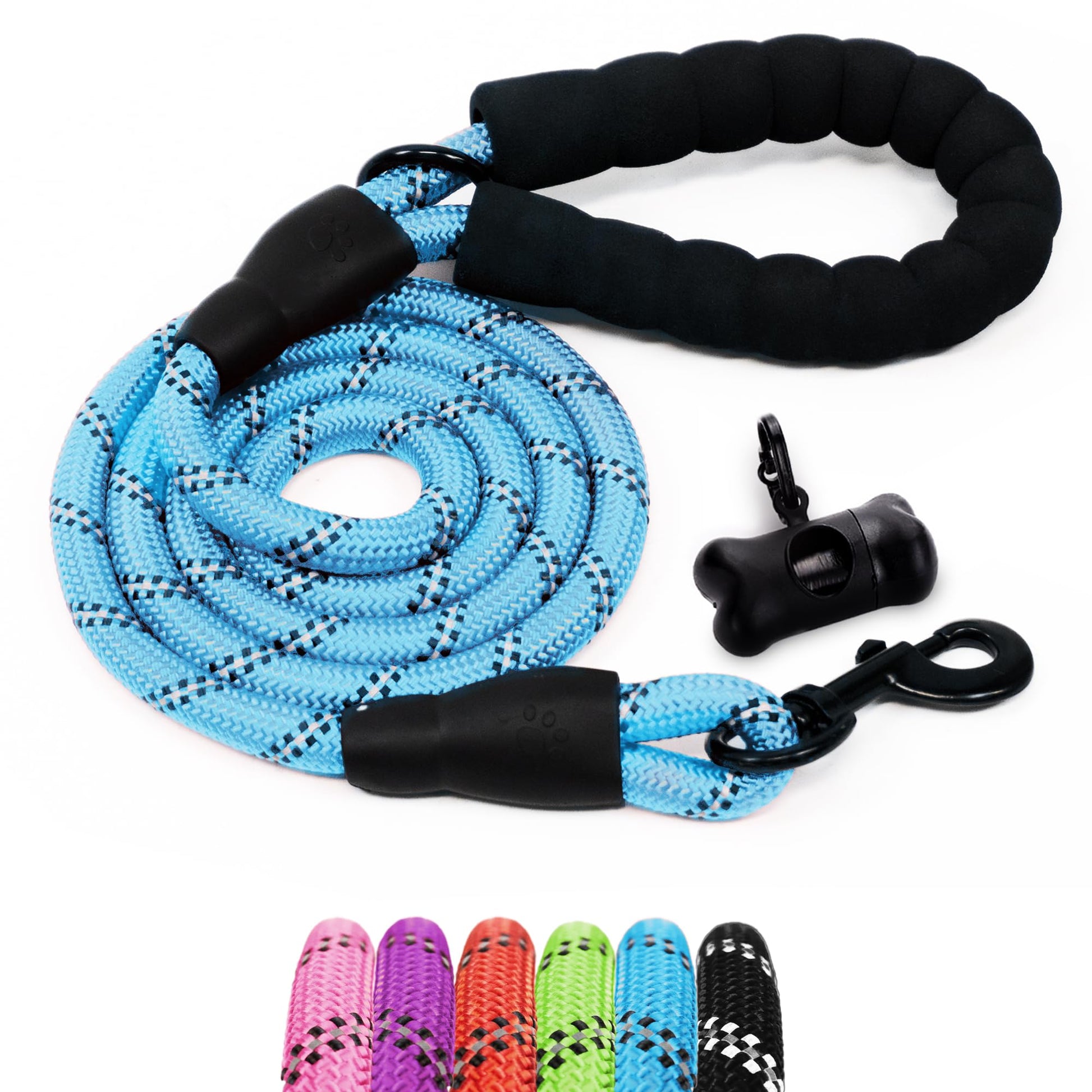 1.5m (5ft) Slip-On Dog Lead - One-Size-Fits-All Leash with Soft Padded Handle & Highly Reflective Threads - Durable & Weather Resistant Climbers Rope for Dogs - Waste bag dispenser included