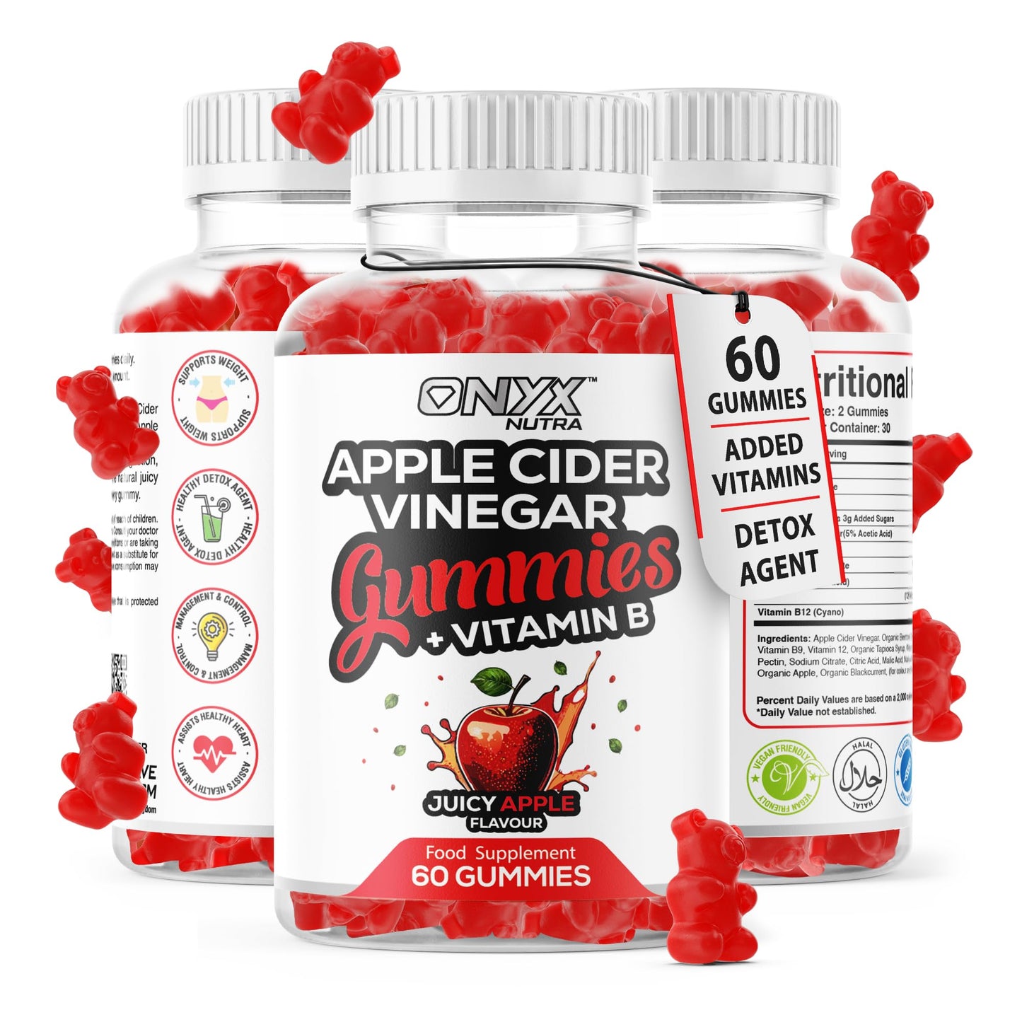Apple Cider Vinegar Gummies, 1500mg ACV Gummies with Vitamin B, Chromium and Pomegranate | Non-GMO, Gluten-Free & Gelatine-Free | Juicy Apple Flavour | Vegan 60 Gummies (30 Servings)