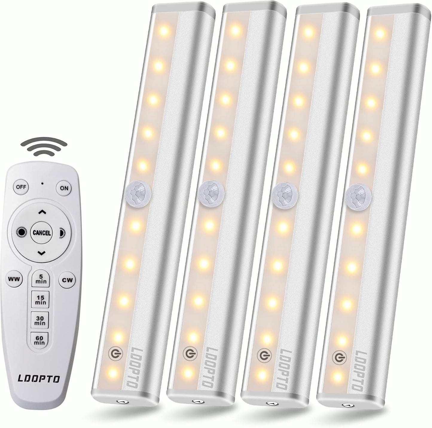 LDOPTO Under Cabinet Kitchen Lights with Remote Dimmable LED Cupboard Battery Powered LED Bedroom Lights with Timer for Kitchen Hallway, Multiple Colors 4 Pack
