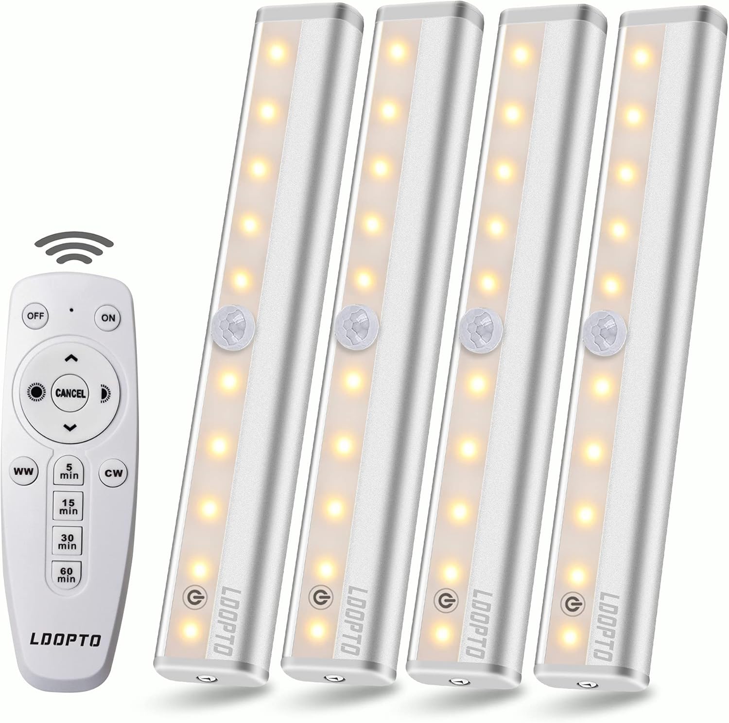 LDOPTO Under Cabinet Kitchen Lights with Remote Dimmable LED Cupboard Battery Powered LED Bedroom Lights with Timer for Kitchen Hallway, Multiple Colors 4 Pack